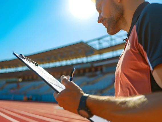 man holding a clipboard standing in a track and field arena under a sunny sky