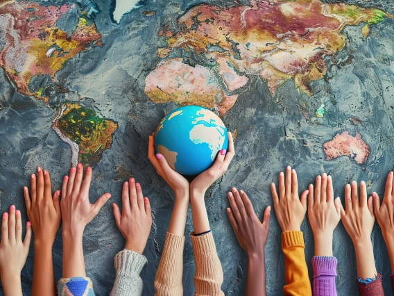 An array of multicultural hands reaching towards a small globe centered on a large world map, symbolizing unity, global diversity, and cooperation