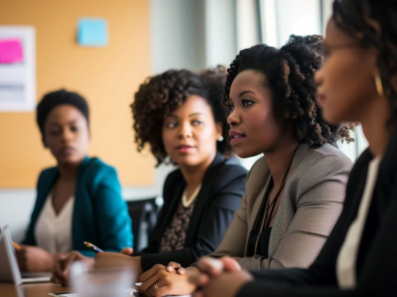 Group of African American businesswomen reflect on corporate strategy near office window. Professional women in contemplation, overlooking cityscape from high-rise corporate office.