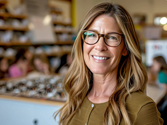 smiling teacher wearing eyeglasses standing in her classroom