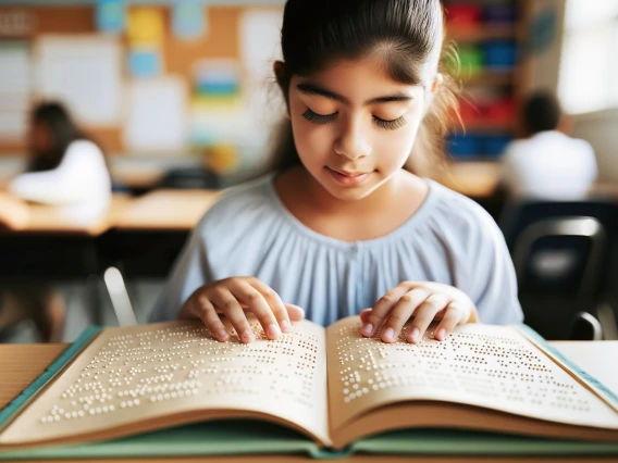 Blind child at school sitting in the classroom reading a book in braille