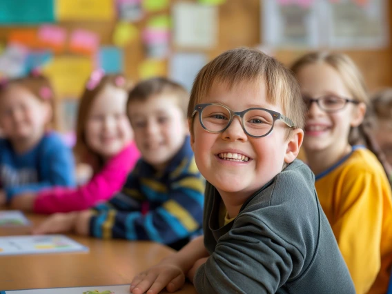 A diverse group of young children with Down syndrome sitting around a table in a classroom setting, engaging in activities and learning together.