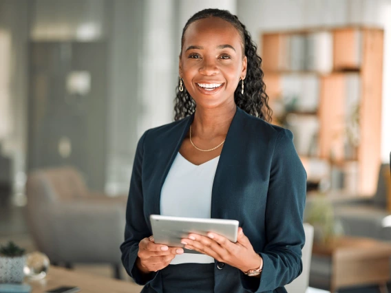 Portrait, lawyer and black woman with tablet, smile and happy in office workplace.