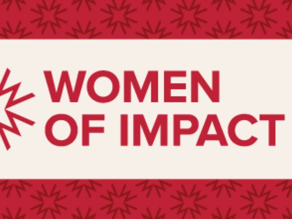 women of impact red lettering on beige background