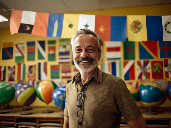 Senior man in a classroom with many balloons and flags of different countries