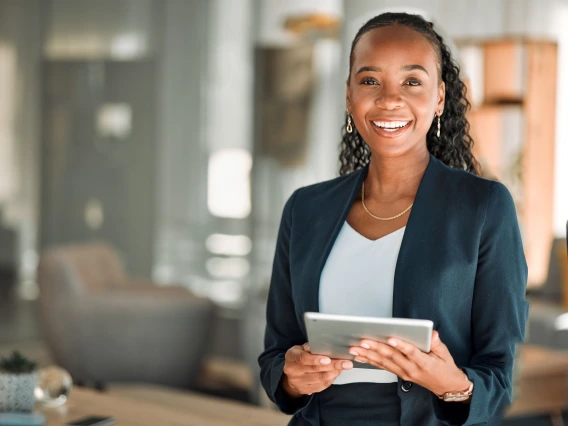 Portrait, lawyer and black woman with tablet, smile and happy in office workplace.