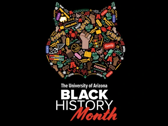 UofA Black History Month graphic featuring a stylized Wildcat head composed of colorful symbols representing Black culture, history, and resilience