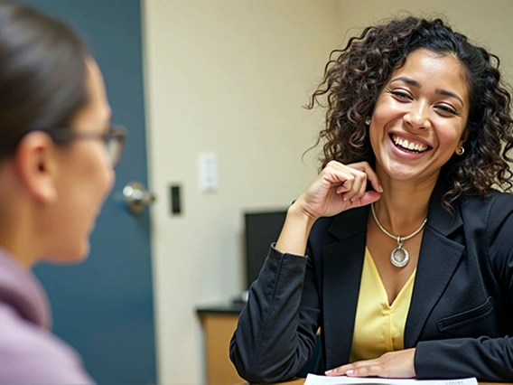 A smiling counselor in a black blazer and yellow blouse sits at a desk, attentively engaging in conversation with a student wearing glasses and a hoodie. The setting is an office with a blue door and a computer in the background.