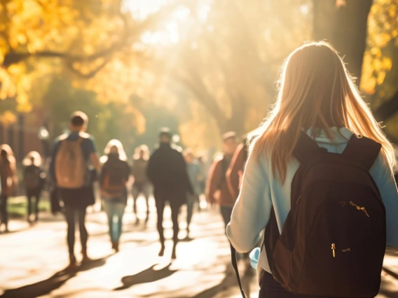 Crowd of students walking through a college campus on a sunny day