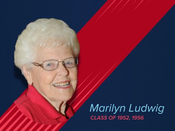 niversity of Arizona College of Education Alumni of the Year honoree announcement for Marilyn Ludwig, Class of 1952, 1956. The graphic features a portrait of Marilyn Ludwig, an elderly woman with short white hair, glasses, and a red shirt, smiling. The background is dark blue with red geometric accents and the University of Arizona logo in the top left corner.