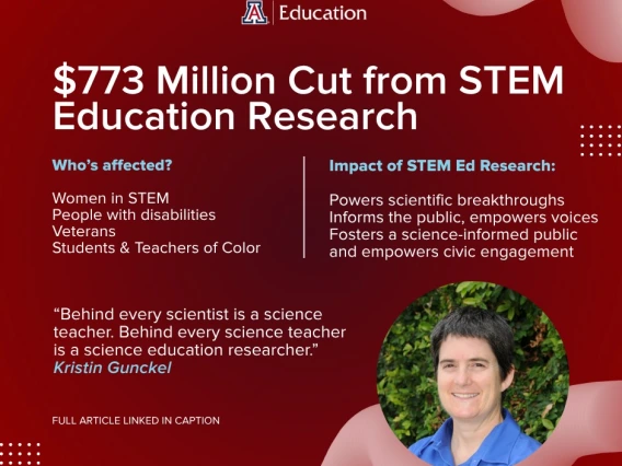 infographic from the University of Arizona College of Education highlighting a $773 million cut from STEM education research funding. On a red gradient background, the graphic outlines who is affected—women in STEM, people with disabilities, veterans, and students and teachers of color.