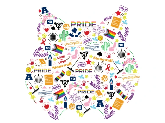 A vibrant graphic in the shape of a wildcat head filled with LGBTQ+ pride-themed illustrations and symbols. Elements include rainbow flags, pronouns (he/she/they/ze), black fists, the word 'PRIDE,' cacti, books, hearts, sports icons, candles, and references to Stonewall, Gene Compton’s Cafeteria Riot, and Christopher Street Gay Liberation Day.
