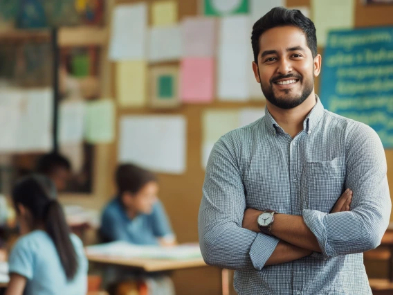 Smiling teacher standing with arms crossed in a classroom with students working in the background.” Let me know if you’d like the alt text adjusted for a specific audience, context, or length preference.