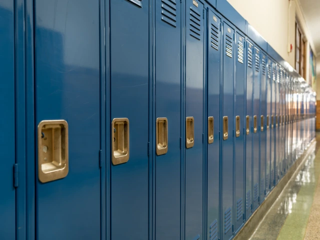 Blue lockers in a hallway