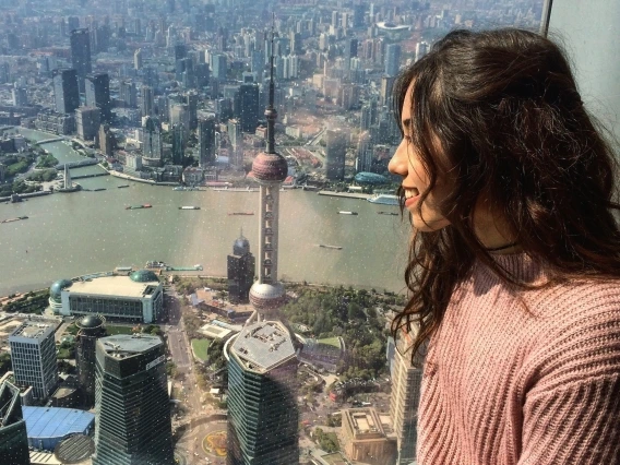 Madison Loya, who completed her UA student teaching in China, takes in the view from the observation deck of Shanghai Tower, the world&#039;s second tallest building. 