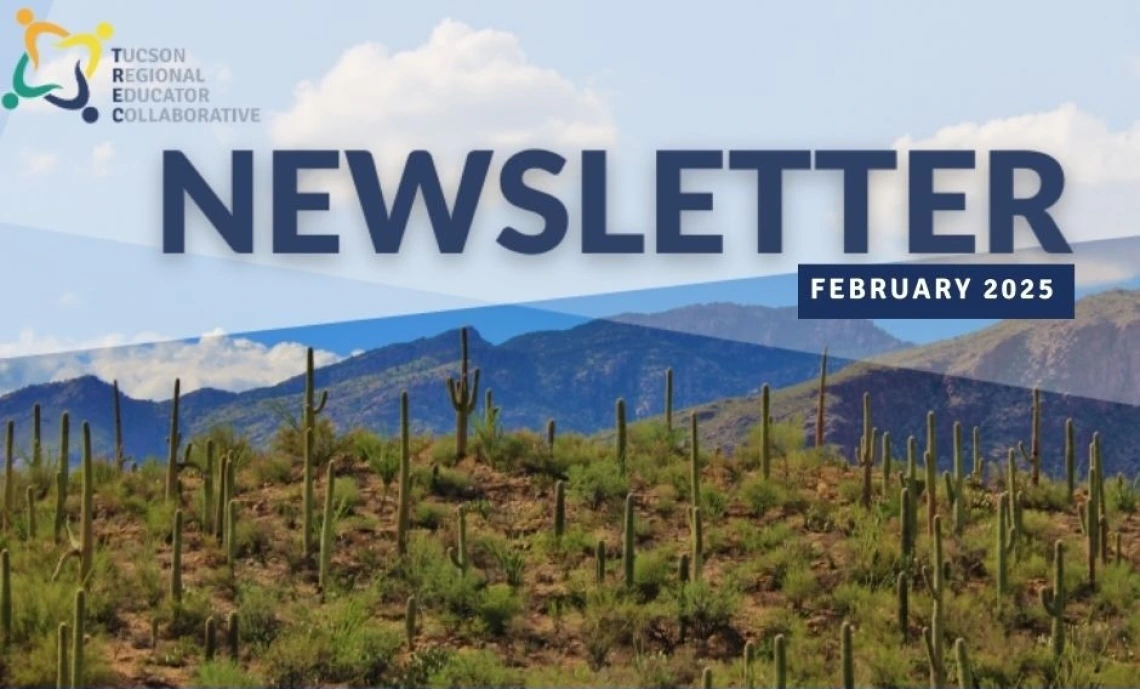 The word NEWSLETTER, background features a scenic desert landscape with saguaro cacti, rolling hills, and a partly cloudy sky