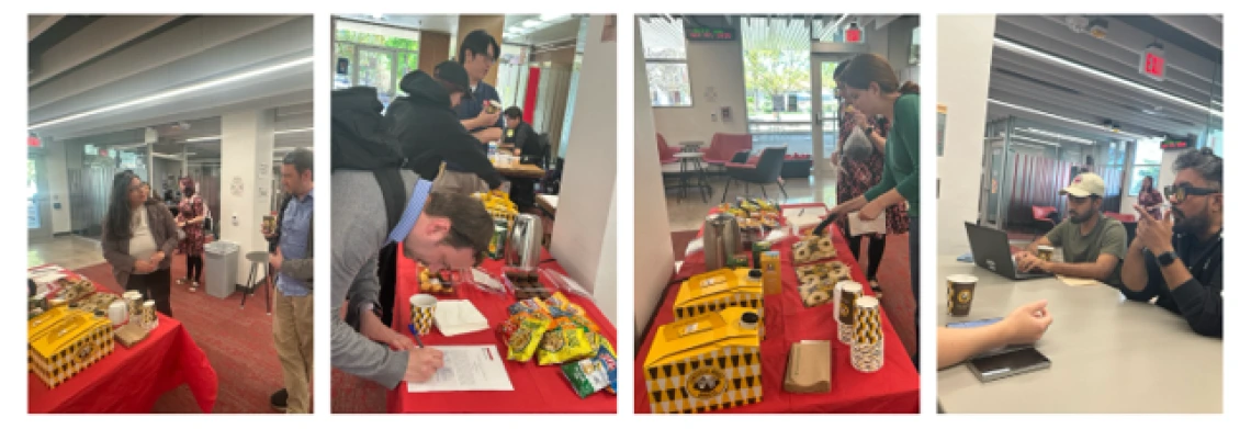 collage of 4 photos showing students talking while enjoying coffee