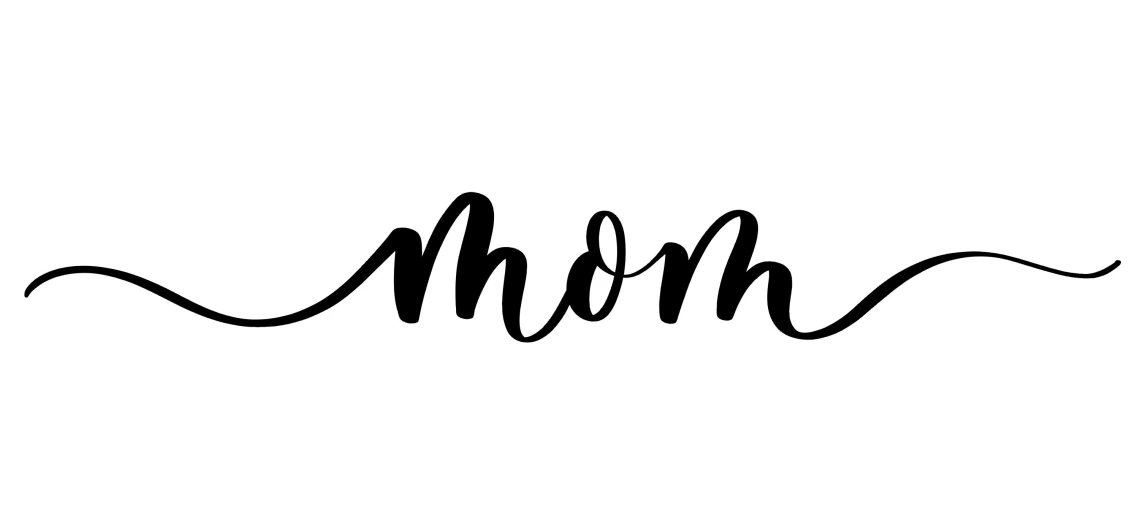The word ‘Mom’ written in elegant black script with long, flowing swashes extending from both ends of the word on a white background. The design has a graceful, calligraphic style.