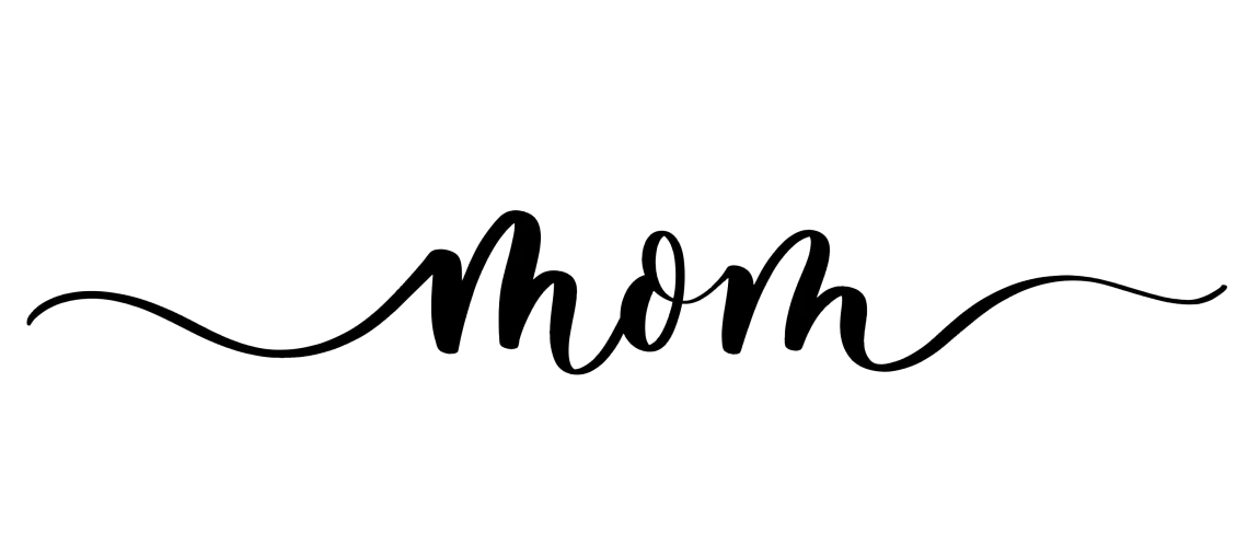 The word ‘Mom’ written in elegant black script with long, flowing swashes extending from both ends of the word on a white background. The design has a graceful, calligraphic style.