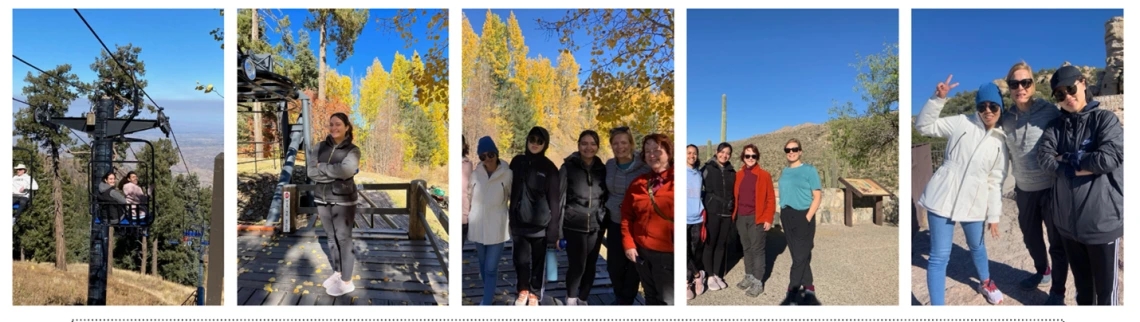 collage of 5 photos, student enjoying the outdoors under a sunny sky