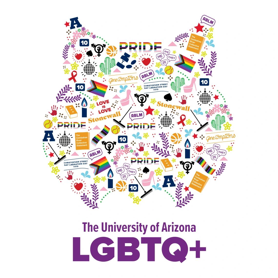 A vibrant graphic in the shape of a wildcat head filled with LGBTQ+ pride-themed illustrations and symbols. Elements include rainbow flags, pronouns (he/she/they/ze), black fists, the word 'PRIDE,' cacti, books, hearts, sports icons, candles, and references to Stonewall, Gene Compton’s Cafeteria Riot, and Christopher Street Gay Liberation Day.