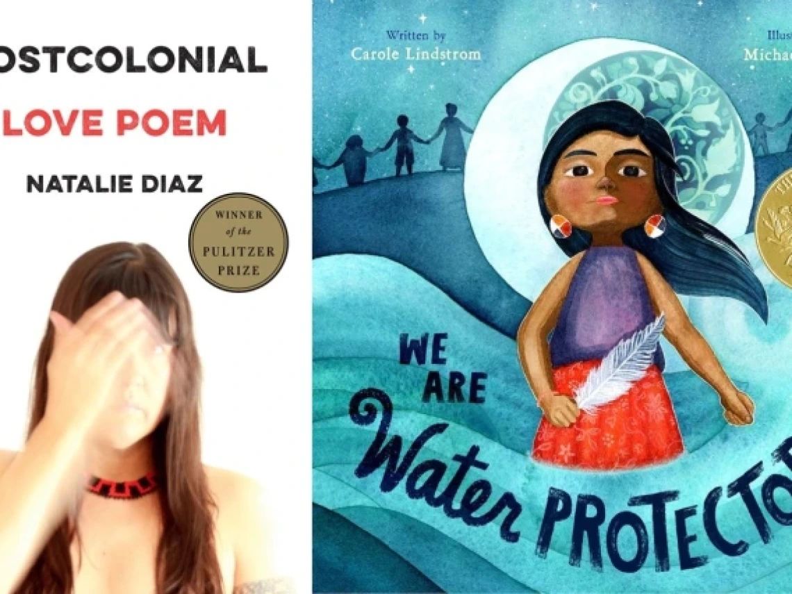 Book covers for "Postcolonial Love Poem" and "We are Water Protectors"