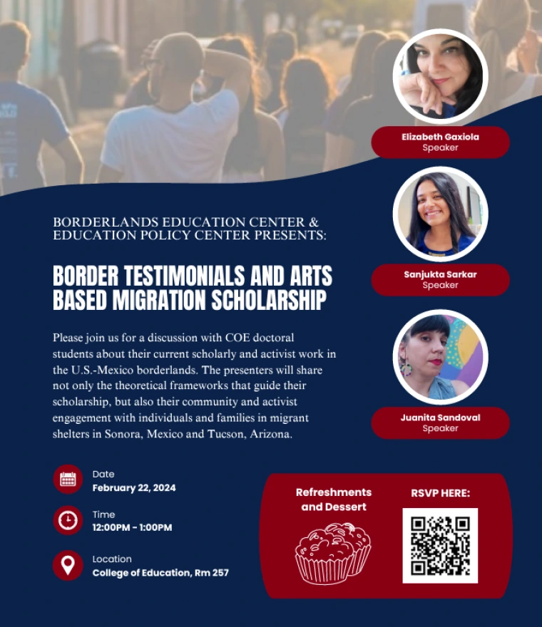 borderlands testimonials event flyer with photos of speakers and rsvp qr code