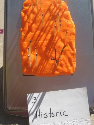 A rectangular piece of orange modeling clay on a baking sheet with multiple wooden matches inserted upright. Some matches have been burned, leaving blackened remnants and small holes in the clay. Shadows from the remaining matches stretch across the surface. A handwritten sign in front reads '3 Historic' in black ink on white paper. The setup is outdoors on a concrete surface.