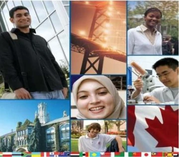Collage of diverse international students, university buildings, and Canadian imagery including the Canadian flag, representing internationalization initiatives.