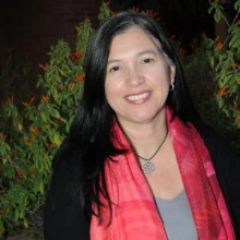 Associate Dean Iliana Reyes, medium length dark hair, wearing a gray blouse, lack jacket, colorful scarf